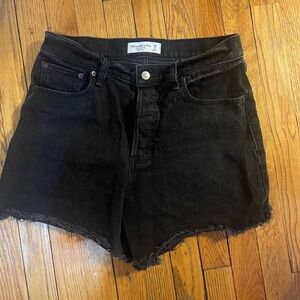 Abercrombie & Fitch Black High Waist Jean Dad Shorts with Distressed Hem